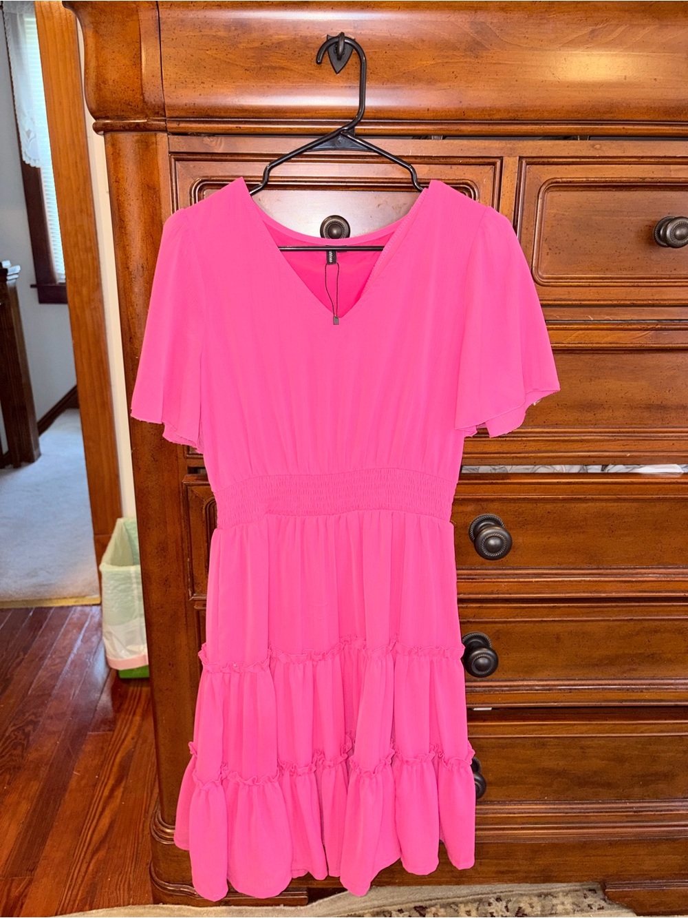 Zattcas Hot Pink Flutter Sleeve Tiered Mini Dress | Size Small